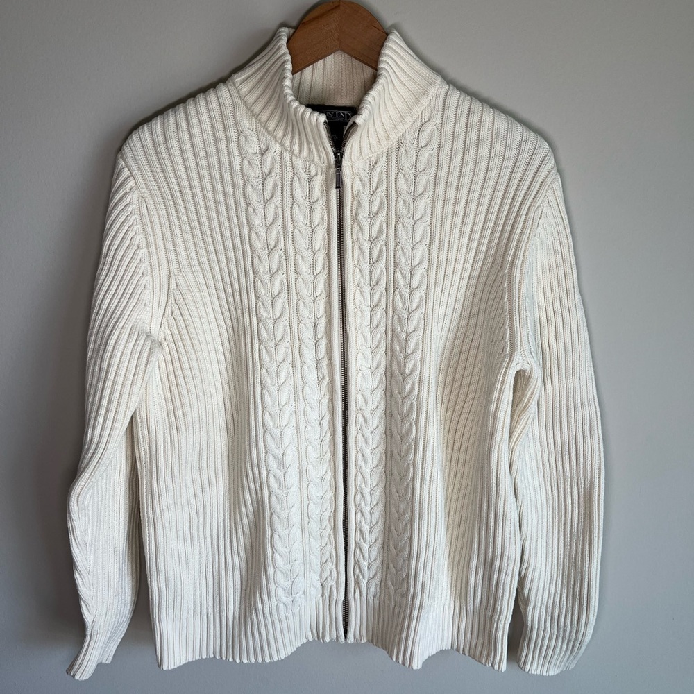 Lands' End Women's Zip Up Cream/Ivory Long Sleeve Chunky Sweater Size Large